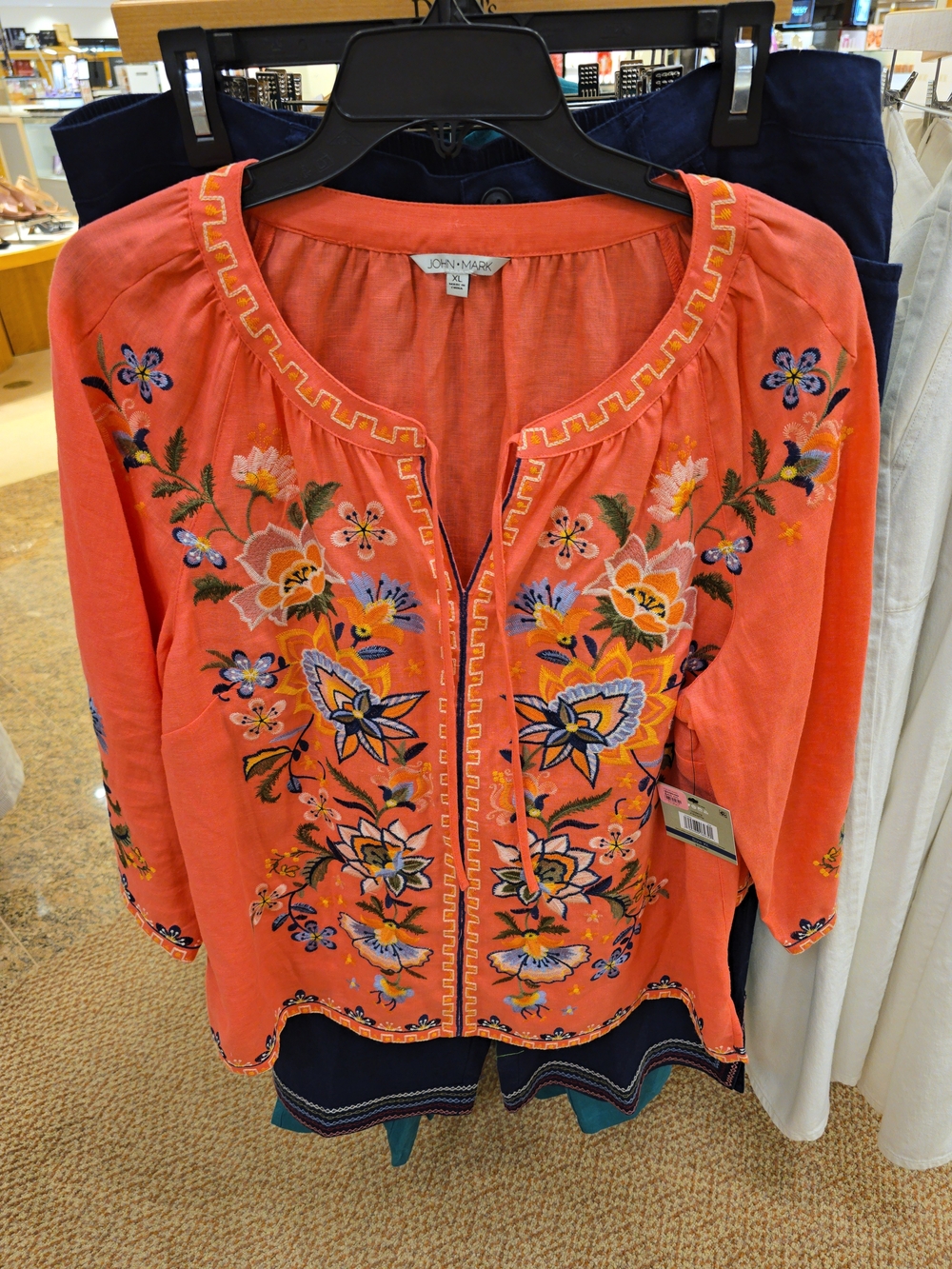 John Mark Coral Floral Embroidered Tunic Top
